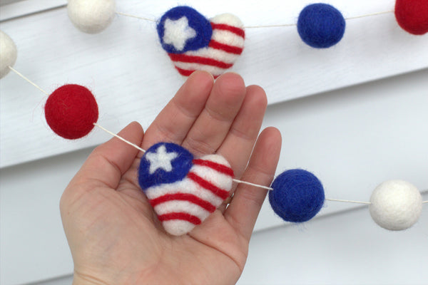 American Flag Hearts Garland- Swirls & Dots- Memorial Day- Fourth July- 1" Felt Balls, 1.75" Hearts