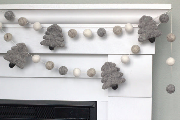 Christmas Tree Garland- Felt Balls- Neutral Gray & White- 100% Wool Felt Eco-Friendly