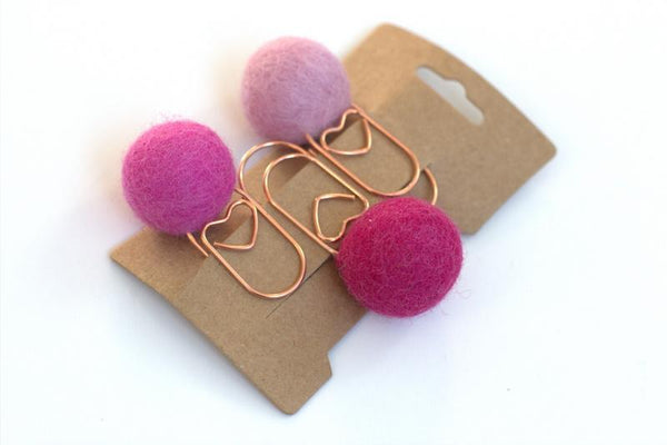 Valentine's Heart Planner Clip Bookmark- SET OF 3 - Purple & Pink - Planner Accessories - Page Marker Pom Poms - 1" Felt Ball - 100% Wool