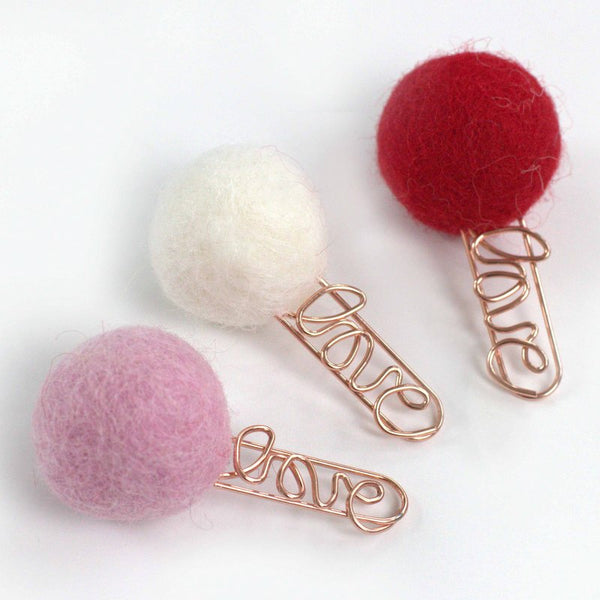 Valentine's Day Bookmark Clips- SET OF 3- Red, Pink, White- Rose Gold Love Clip- Planner Accessories - Page Marker Pom Pom - 1" Felt Ball