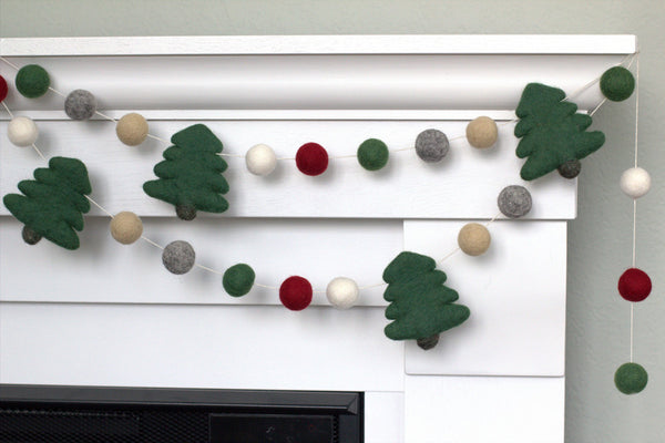 Christmas Tree Garland- Felt Balls- Burgundy, Forest Green, Gray, Almond, White- 100% Wool Felt