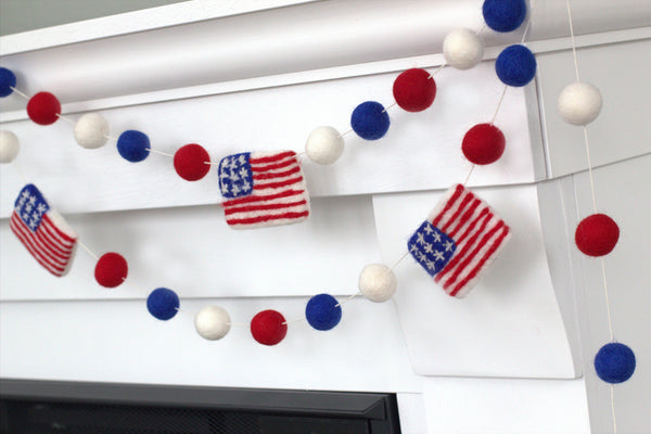 American Flag Garland with Felt Balls- Red White Blue- Memorial Day- Fourth July- 1" Felt Balls, 2.5" Flags
