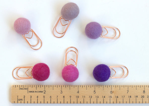 Valentine's Heart Planner Clip Bookmark- SET OF 3 - Shades of Purple - Planner Accessories - Page Marker Pom Poms - 1" Felt Ball - 100% Wool