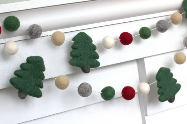 Christmas Tree Garland- Felt Balls- Burgundy, Forest Green, Gray