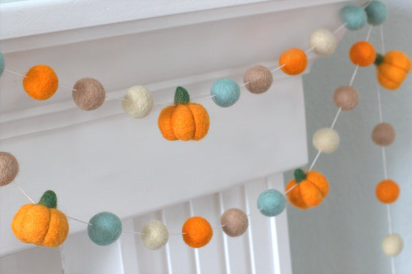 Felt Pumpkin Garland- Orange Teal Tan- Felt Balls & Light Orange Pumpkins- Fall Autumn Halloween Thanksgiving Decor