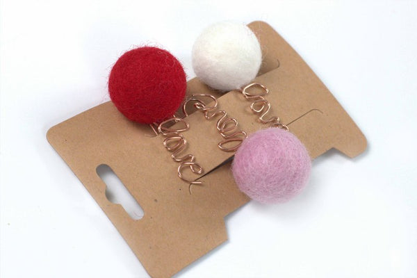Valentine's Day Bookmark Clips- SET OF 3- Red, Pink, White- Rose Gold Love Clip- Planner Accessories - Page Marker Pom Pom - 1" Felt Ball