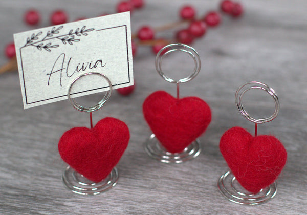 Valentine's Day Place Card Holders- Red Hearts- Silver Swirl Holder- Name Tag Table Setting Decor- Holiday Party Seating, Photo Holder