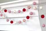 Valentine's Day Garland Decor- Swirls & Dots in Red, Baby Pink, White- EcoFriendly- 100% Wool Felt- 1" Balls
