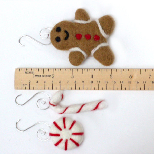 Felt Christmas Tree Ornaments- Gingerbread Man, Peppermint, Candy Cane- SET OF 3