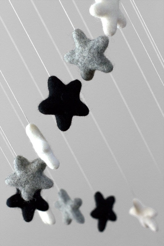 Spiral Star Nursery Mobile- Black, Gray, White Wool Felt