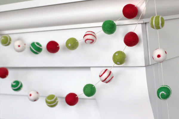 Christmas Garland Decor- Felt Balls, Dots & Swirls in Red, Greens, White