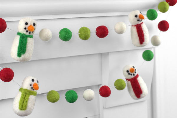 Snowman Felt Garland- Red & Green Snowmen & Felt Balls - Christmas Holiday Winter Decor