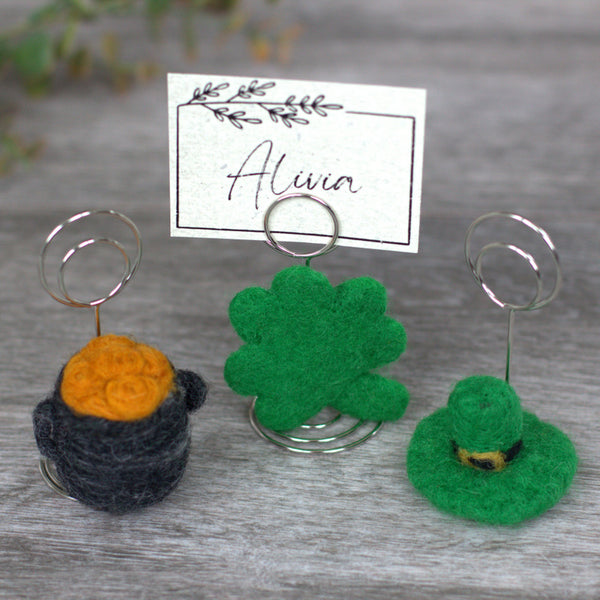St. Patrick's Day Place Card Holders- SET OF 3- Shamrock, Leprechaun Hat, Pot of Gold- Name Tag Table Setting Decor- Holiday Party Seating