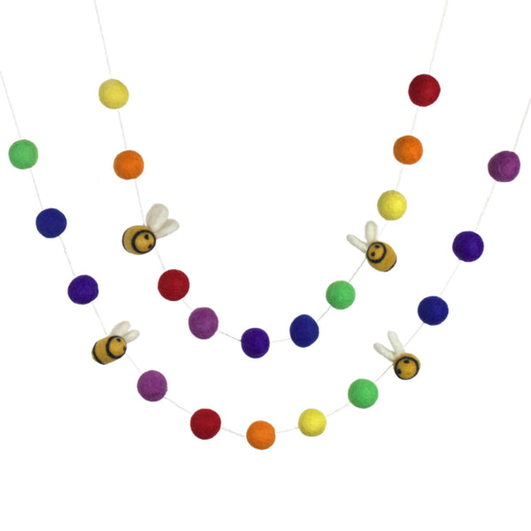 Bumble Bee Felt Garland- Rainbow ROYGBIV- 100% Wool Felt Balls & Bees