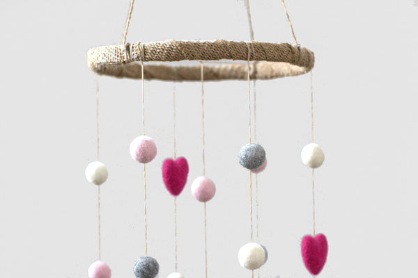 Felt Ball & Heart Nursery Mobile- Pink, Gray, White- SMALL