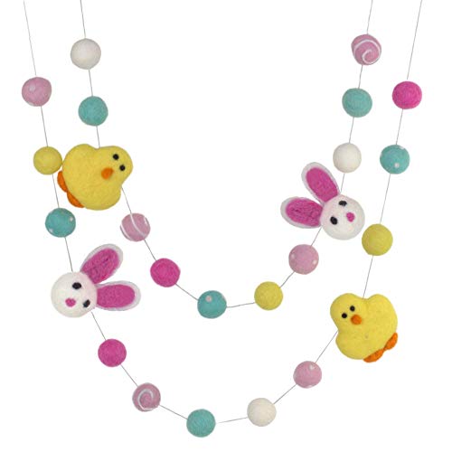 Bunny & Chick Easter Felt Ball Garland- Pink, Turquoise, Yellow