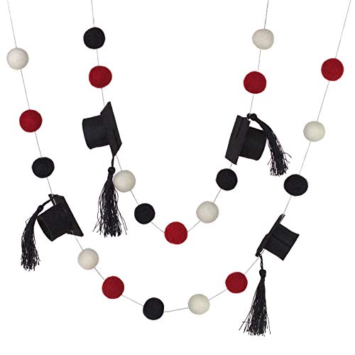 Graduation Cap Felt Ball Garland- Red Black White with BLACK tassels - 1" (2.5 cm) Wool Felt Balls- Graduation Hat Party Decor Banner…