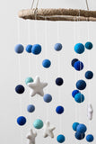 Shades of Blue Felt Ball and Stars Nursery Mobile- LARGE SIZE