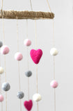 Felt Ball & Heart Nursery Mobile- Pink, Gray, White- SMALL