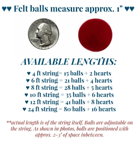 Valentine's Day Felt Ball Garland- Hearts, Dots & Swirls- Red, White