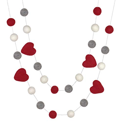 Valentine's Day Garland Decor- Red, Gray, White Felt Ball & Heart Garland