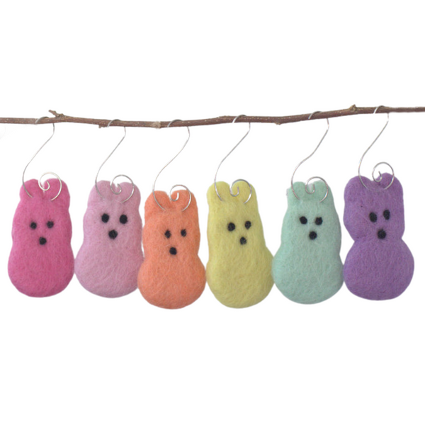 Easter Marshmallow Bunny Ornaments- Set of 6- Pastel Rainbow Spring Colors- Bunny Tree Decor- Approx. 4" tall