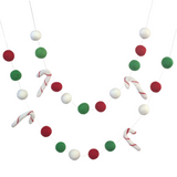 Candy Cane Garland Decor- Christmas Holiday Felt Balls- Kelly Green, Red, White