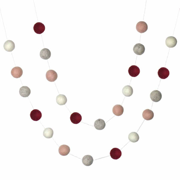 Valentine's Day Garland Decor- Burgundy, Pale Pink. Pale Gray & White- 1" Felt Balls