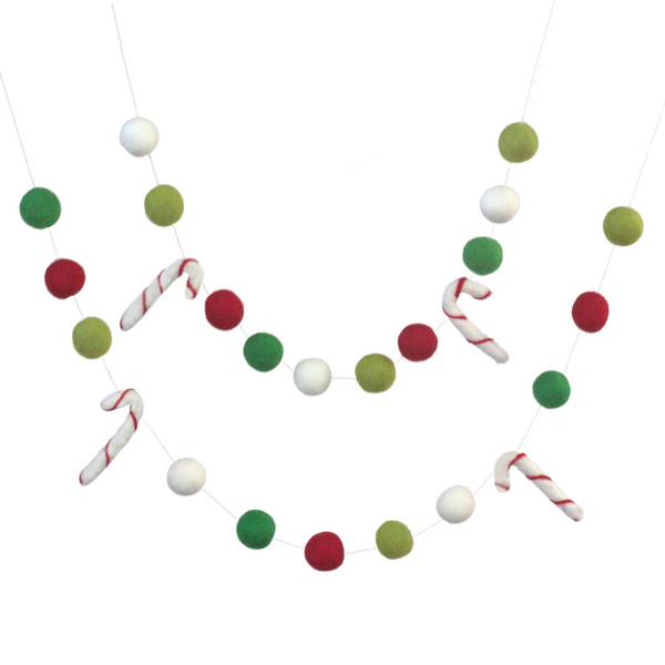 Candy Cane Garland Decor- Christmas Holiday Felt Balls- Lime, Kelly Green, Red, White
