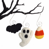 Halloween Ornaments- SET OF 3- Ghost, Bat, Candy Corn