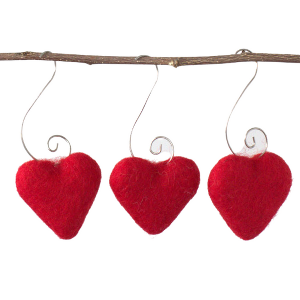 Valentine's Day Heart Ornaments- SET OF 3 or 6- Red Hearts with Silver Hooks- Tree Decor- Finished Ornament approx. 3.5" tall