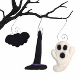 Halloween Ornaments- SET OF 3- Ghost, Bat, Witch Hat
