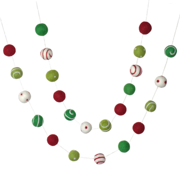 Christmas Garland Decor- Felt Balls, Dots & Swirls in Red, Greens, White