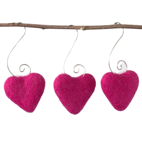 Valentine's Day Heart Ornaments- SET OF 3 or 6- Berry Pink Hearts with Silver Hooks- Tree Decor- Finished Ornament approx. 3.5" tall