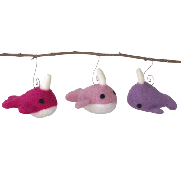 Narwhal Christmas Tree Ornaments- SET of 3- Baby Pink, Lavender, Berry Pink