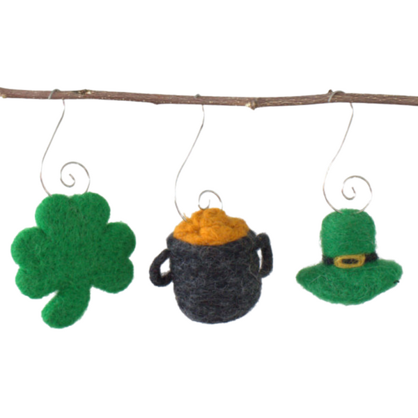 St. Patrick's Day Ornaments- SET OF 3- Pot of Gold, Shamrock, Leprechaun Hat