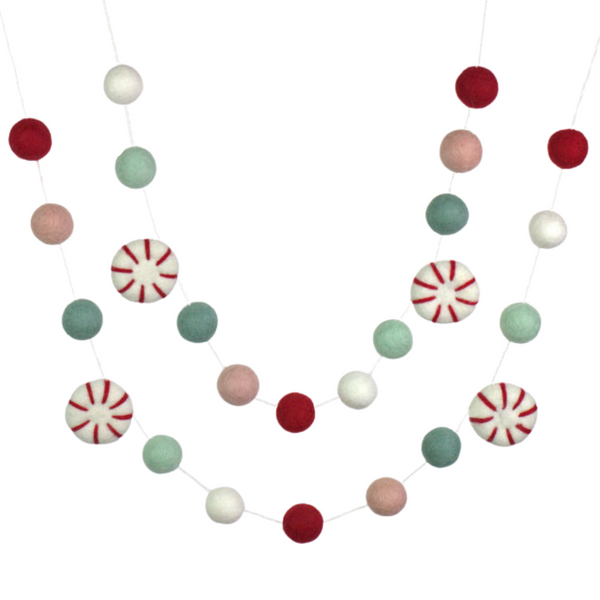 Peppermint Felt Christmas Garland- Red, Pink, Teal- Vintage Holiday Decor