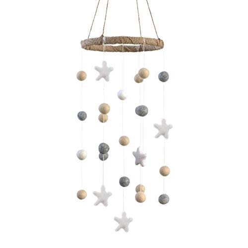 Neutral Star & Felt Ball Nursery Mobile SMALL SIZE- Almond, Gray, White