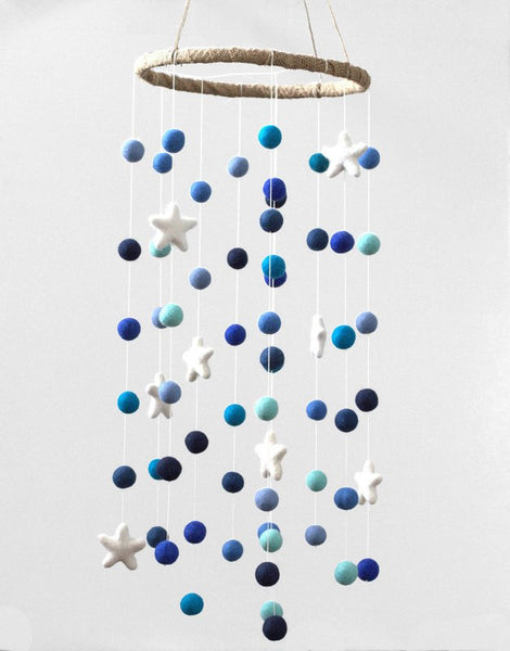 Shades of Blue Felt Ball and Stars Nursery Mobile- LARGE SIZE