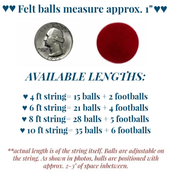Football Garland- Royal Blue, Red, White- 100% Wool Felt- 1" Felt Balls, 2.25" Footballs