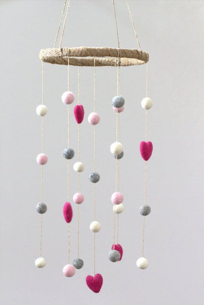 Felt Nursery Mobile- Hot Pink, Light Pink, Gray & White Felt Balls and Felt Hearts