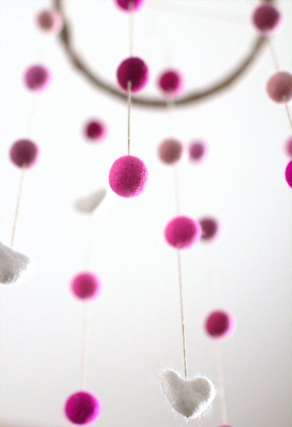 Felt Nursery Mobile-SMALL SIZE Shades of Pink & White Felt Balls and Felt Hearts