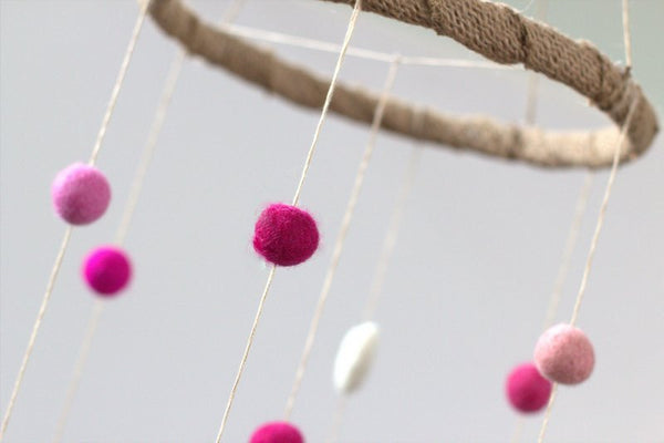 Felt Nursery Mobile-SMALL SIZE Shades of Pink & White Felt Balls and Felt Hearts