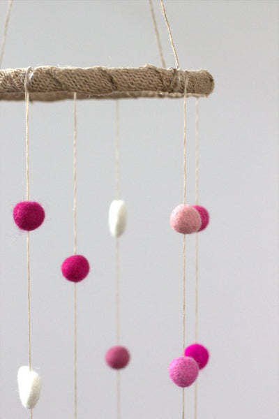 Felt Nursery Mobile-SMALL SIZE Shades of Pink & White Felt Balls and Felt Hearts