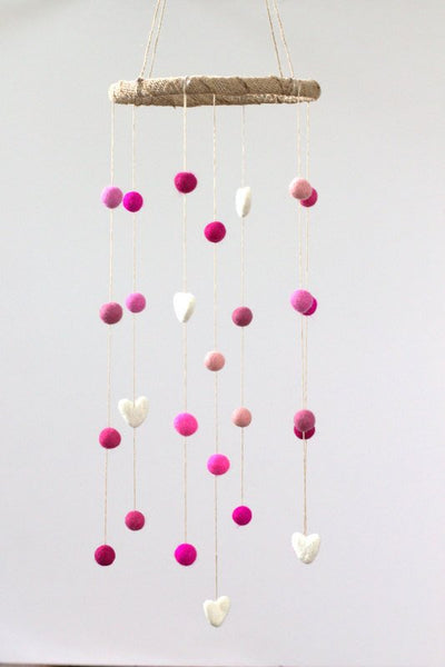 Felt Nursery Mobile-SMALL SIZE Shades of Pink & White Felt Balls and Felt Hearts