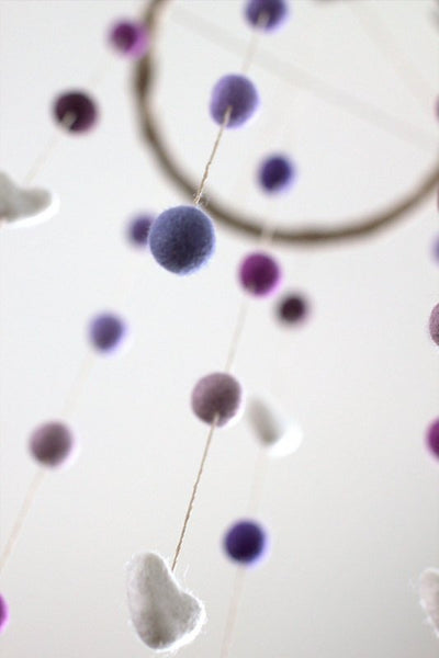 Felt Nursery Mobile- Shades of Purple, Lavender & White Felt Balls and Felt Hearts