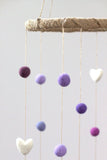 Felt Nursery Mobile- Shades of Purple, Lavender & White Felt Balls and Felt Hearts