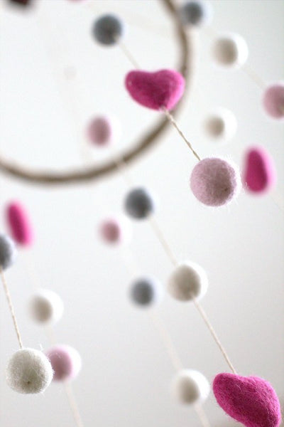 Felt Nursery Mobile- Hot Pink, Light Pink, Gray & White Felt Balls and Felt Hearts