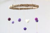 Felt Nursery Mobile- Shades of Purple, Lavender & White Felt Balls and Felt Hearts