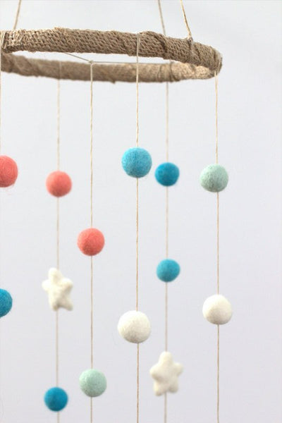 Coral, Aqua, Turquoise, White Felt Ball & Star Nursery Mobile- Baby Childrens Room Decor